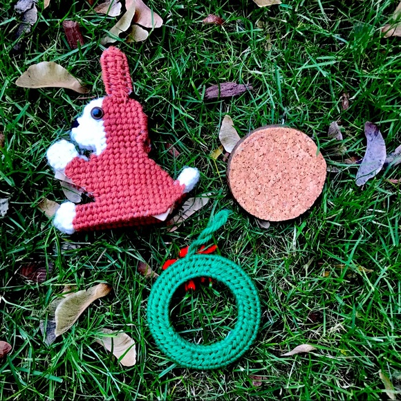 Vintage Handmade bunny, wreath, and cross-stitch ornament set - Picture 4 of 5